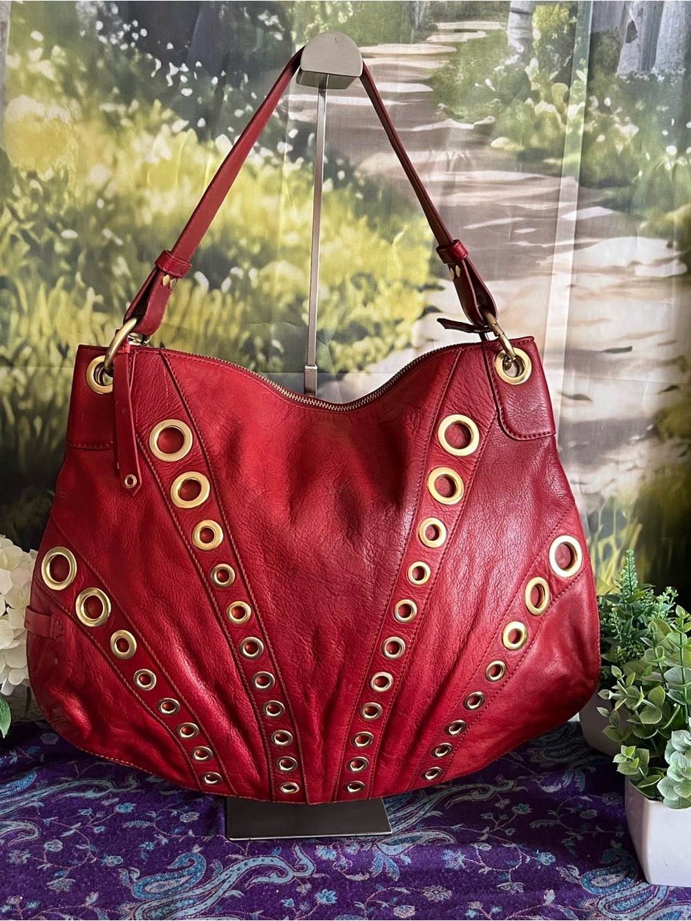 Cole Haan red leather grommet hobo bag